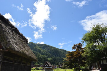 茅葺屋根の家と青空3