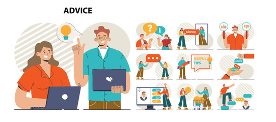 Advice concept set. Character or employee giving or taking a piece
