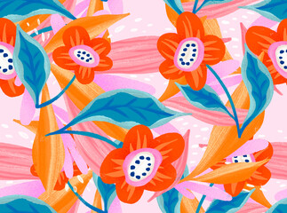 Seamless Vibrant Floral Pattern With Lovely Oil Pastel Texture Drawing