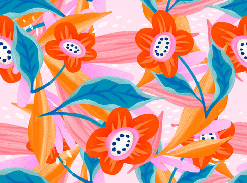 Seamless Vibrant Floral Pattern With Lovely Oil Pastel Texture Drawing © Ramona