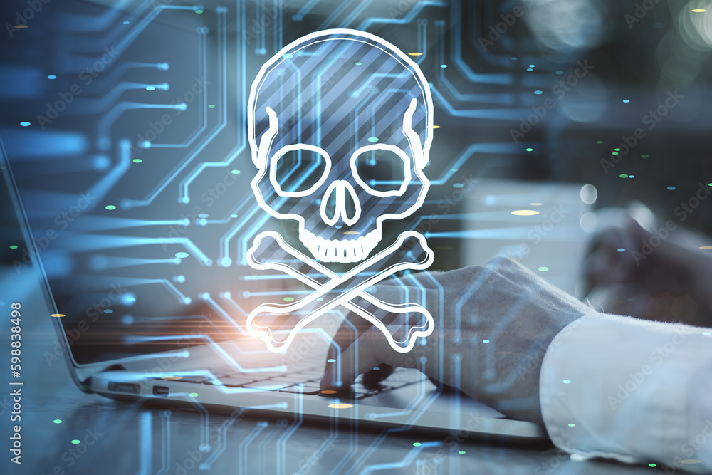 Poster Close up of man hands using laptop keyboard with glowing skull hologram on blurry background. Hacker system or cyber attack concept. Double exposure.