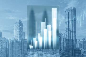 Abstract growing business chart tablet outline on blurry city backdrop. Trade, finance and investment concept. Double exposure.