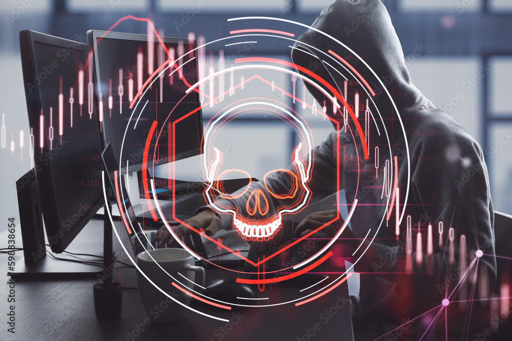 Poster Side view of hacker using laptop with abstract glowing skull hologram on blurry office interior background. Hacker system or cyber attack concept. Double exposure.