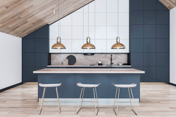 Luxury wooden loft kitchen studio interior. Designs concept. 3D Rendering.