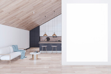 Modern wooden loft kitchen studio interior with empty white mock up banner on wall. Designs concept. 3D Rendering.