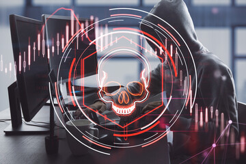 Side view of hacker using laptop with abstract glowing skull hologram on blurry office interior background. Hacker system or cyber attack concept. Double exposure.