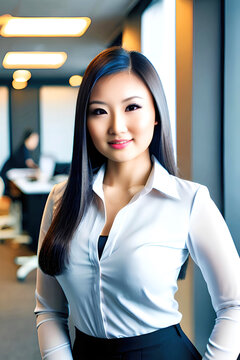 Smiling businesswoman with office background. Generative AI.