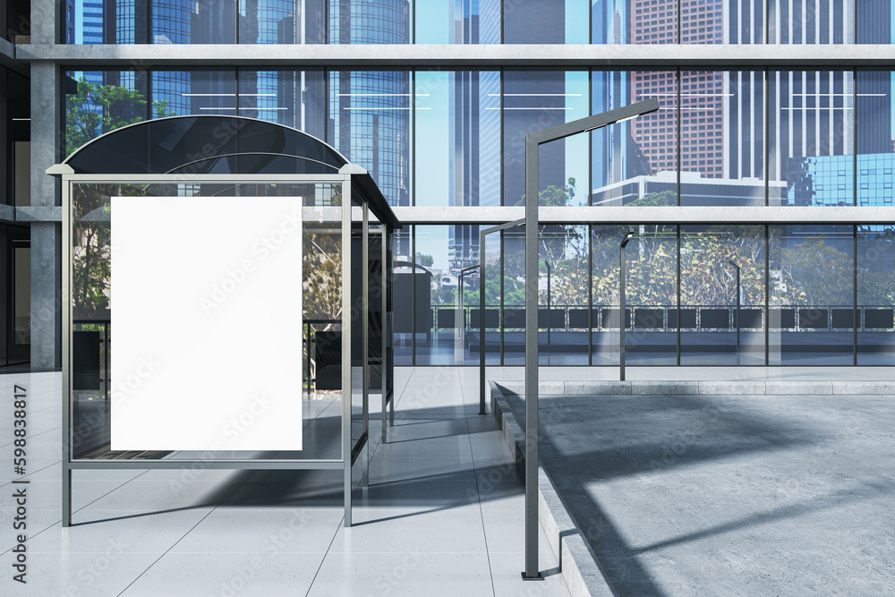 Poster modern bus stop with empty white mock up banner in creative city with glass buildings and reflection