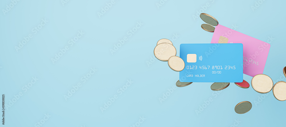 Poster top view of colorful credit or debit bank card and golden coins on wide blue background with mock up
