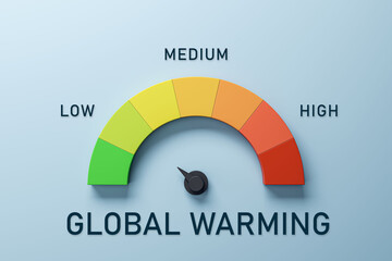 Creative colorful speedometer scale on blue background. Performance, Global warming, pointer rating...