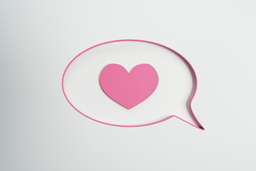 Creative speech bubble with pink heart. Social media, online dating and apps concept. 3D Rendering.