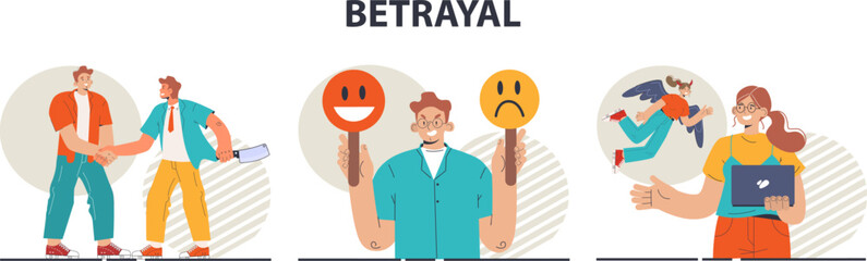 Betrayal concept set. Dishonest partnership or fake agreement. Hidden threat