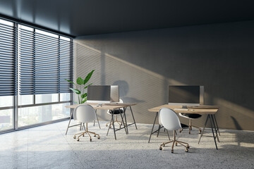 Simple coworking office interior with window and city view, blinds, workspaces and concrete flooring. 3D Rendering.