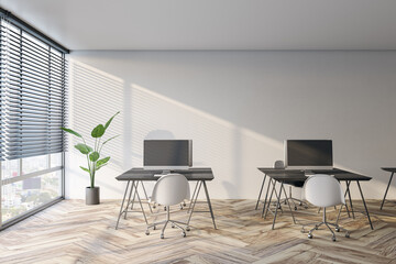 Modern coworking office interior with window and city view, blinds, workspaces and wooden flooring. 3D Rendering.