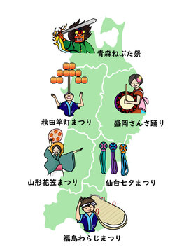 東北六県の地図とお祭りのイラスト