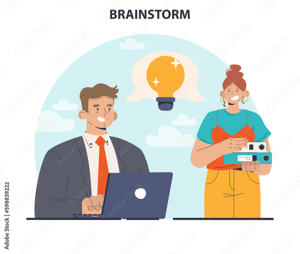 Poster brainstorm. new idea generation in teamwork discussion. creative character