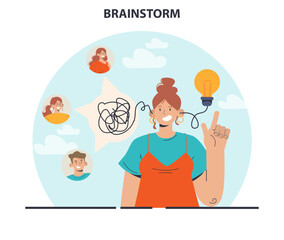 Brainstorm. New idea generation in teamwork discussion. Creative character