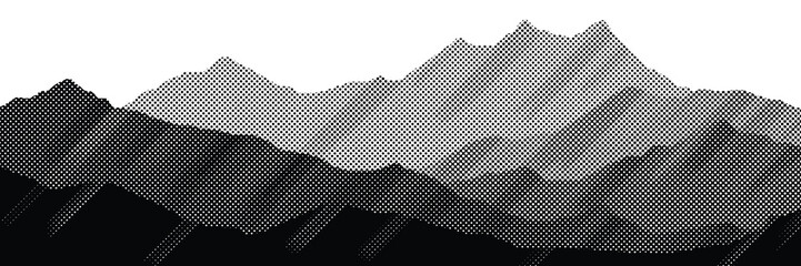 Vector halftone dots background, fading dot effect. Imitation of a mountain landscape, banner, shades of gray. - obrazy, fototapety, plakaty