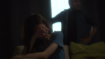 Relationships problem conflicts in marriage. Depressed stressed couple wife and husband Argument fighting shouting in house. Making decision of breaking up get divorced. Domestic violence concept. - Powered by Adobe