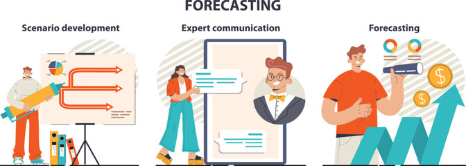 Business forecast set. Employee planning a new project, start up or marketing