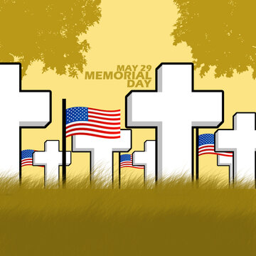 Several cross-shaped tombstones with American flags, grass, trees and bold text on the graveyard in the evening to commemorate Memorial Day on May 29