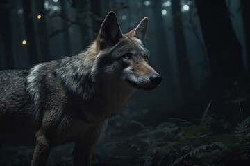 Naklejka na ściany i meble Wolf in a dark and mysterious forest at night. Generative AI