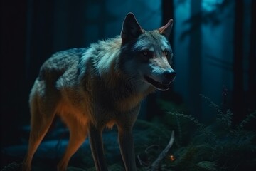 Wolf in a dark and mysterious forest at night. Generative AI