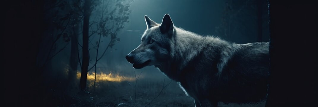 Wolf in a dark and mysterious forest at night. Generative AI
