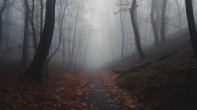 Enchanting Forest Path in Dense Fog. Generative AI
