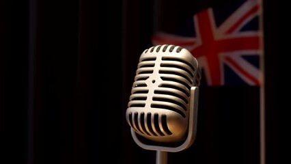 Union Jack, Great Britain GB flag waving behind steady vintage style microphone in front of dark stage curtain.