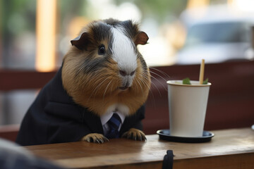 a Guinea pig being a business man and drinking coffee | Generative Ai