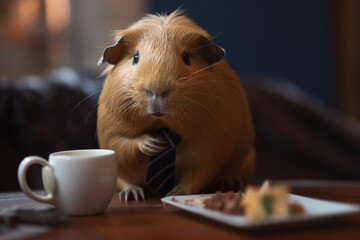 a Guinea pig being a business man and drinking coffee | Generative Ai