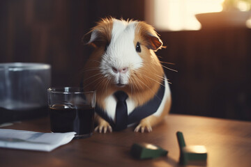 a Guinea pig being a business man and drinking coffee | Generative Ai