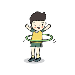 Fit boy with hula hoop doing sport exercise, cartoon drawing style vector illustration