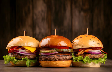Closeup view of delicious hamburgers sorted on table.