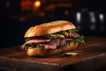 Illustration of a Roast Beef Sandwich on a wooden plate