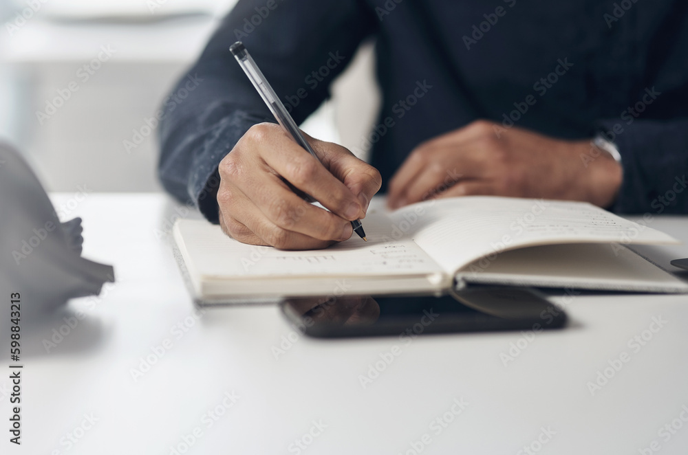 Poster Setting deadlines for myself and my goals. an unrecognizable businessman sitting alone in his office and writing notes in a notebook.