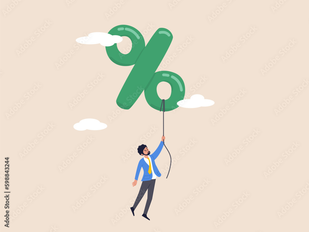 Poster inflated interest rate balloon floats higher. inflate concept. learning or study for skill developme