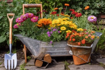 Gardening tools and flowers in the garden
