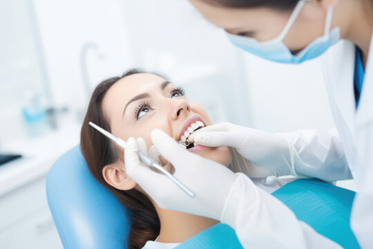 Young woman undergoing an orthodontic examination. Generative AI
