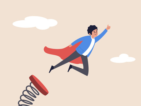 Leadership concept. Boost up your business growth. Confident businessman jumping springboard up high in sky. Improvement, career path or job promote to higher position, career ladder, Generative AI