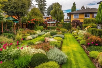View of an attractive backyard with new planting beds and well kept lawn. Northwest, USA