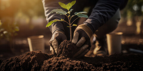 Generative AI image of a volunteer planting trees, working in community garden promoting local food production on earth day. Concept of sustainability.