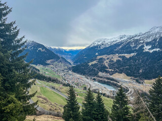 Aerial view of Airolo village in the Swiss Alps, from the Gotthard Pass, Switzerland