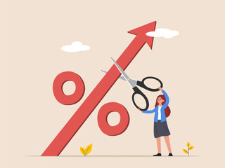 Economic crisis concept. Stop Inflation. Fed raised the central bank interest rate to curb soaring inflation. Businesswoman cuts a percentage mark with scissors. Business flat vector Generative AI