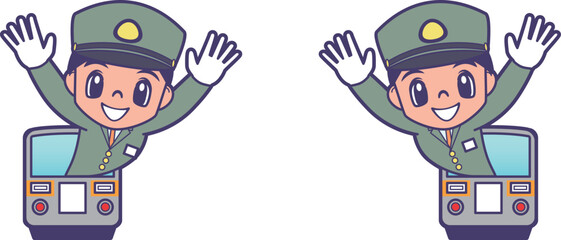 列車から笑顔で顔を出す車掌