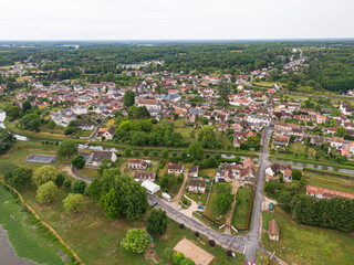 Aerial view of village Châtres-sur-Cher along the canal du Berry,  Loir-et-Cher, Sologne, France