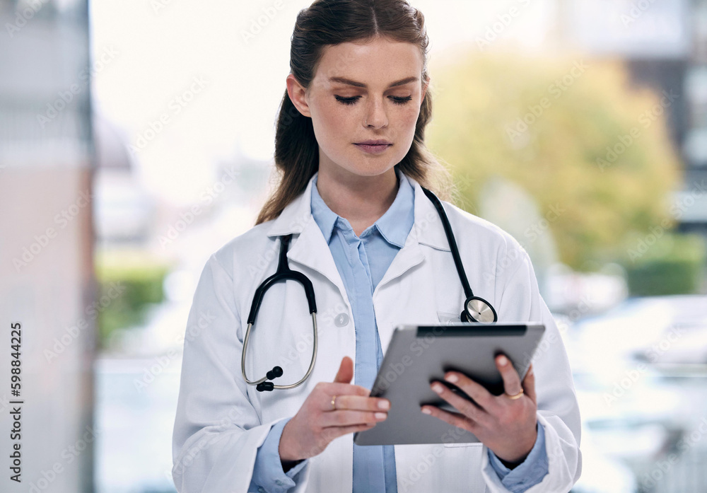 Poster taking a quick browse at the days schedule. a young female doctor using a digital tablet in a hospit