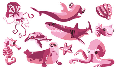 A set with sea animals. Cute abstract animals in pink tones swim in isolation on a white background. Collection of stickers on the theme of marine animals. Shark, octopus, turtle, seahorse, seal, etc
