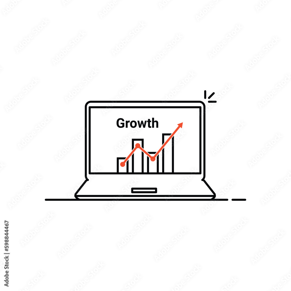 Poster statistic graph icon in thin line laptop. flat linear trend modern graphic lineart profit design iso